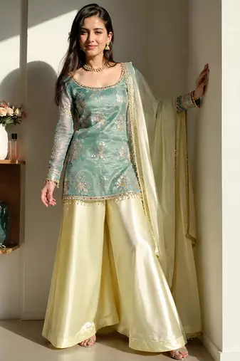 women's shimmer silk embroidered kurta palazzo with dupatta set