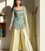 women's shimmer silk embroidered kurta palazzo with dupatta set