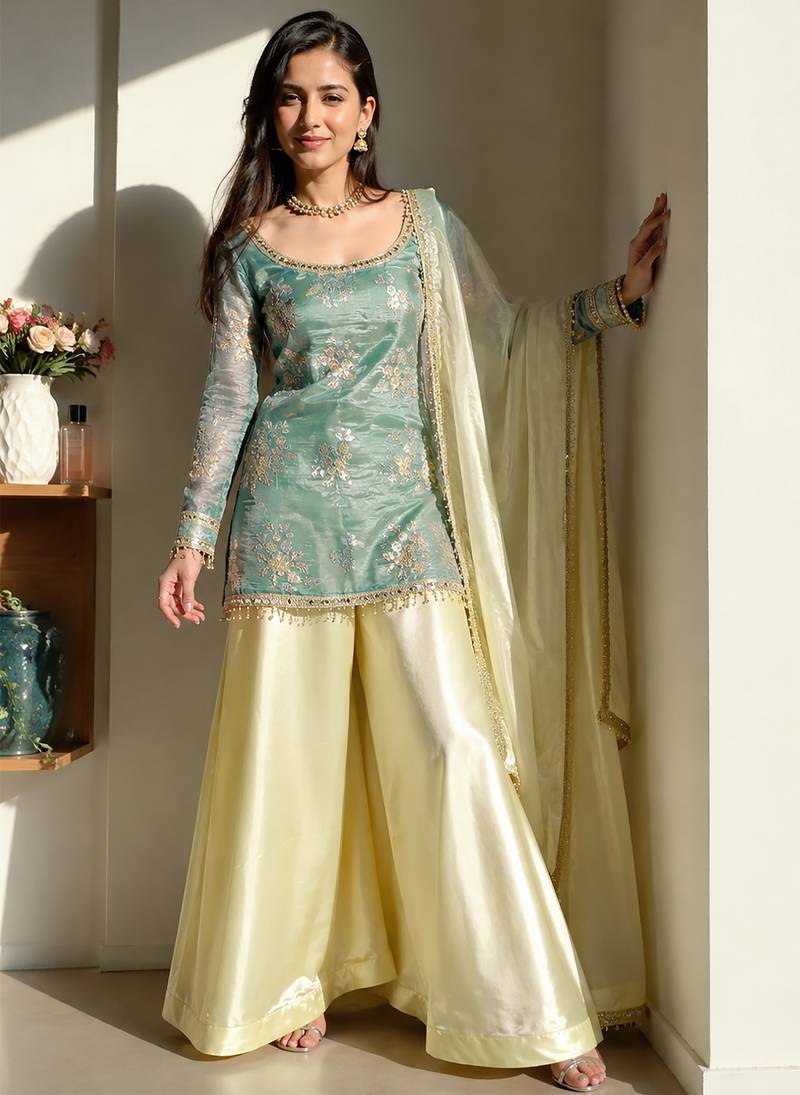 women's shimmer silk embroidered kurta palazzo with dupatta set