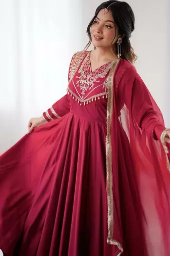 women's crunchy silk embroidered anarkali kurta pant with dupatta set
