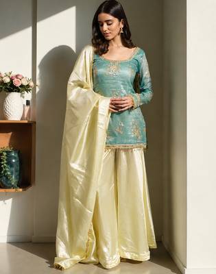 women's shimmer silk embroidered kurta palazzo with dupatta set 2