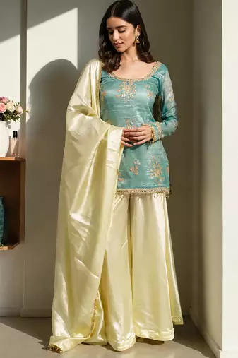 women's shimmer silk embroidered kurta palazzo with dupatta set