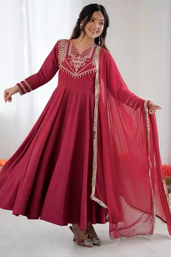 women's crunchy silk embroidered anarkali kurta pant with dupatta set