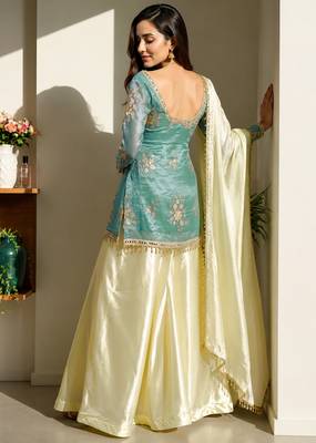 women's shimmer silk embroidered kurta palazzo with dupatta set 3