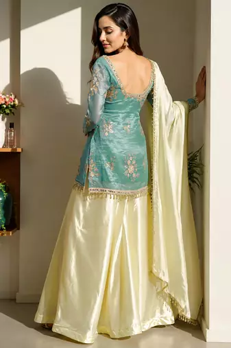 women's shimmer silk embroidered kurta palazzo with dupatta set