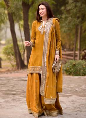women's silk embroidered kurta palazzo dupatta set 1