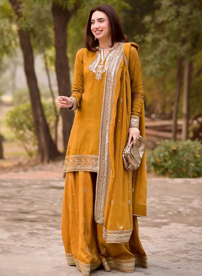 women's silk embroidered kurta palazzo dupatta set