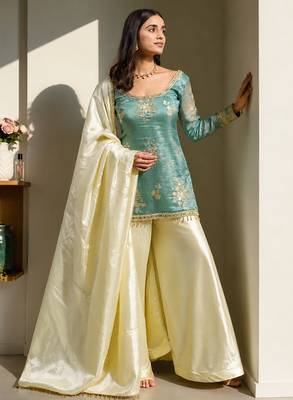 women's shimmer silk embroidered kurta palazzo with dupatta set 4