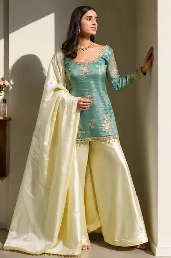 women's shimmer silk embroidered kurta palazzo with dupatta set