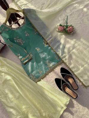 women's shimmer silk embroidered kurta palazzo with dupatta set 5