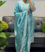 women's vichitra silk embroidered anarkali kurta pant with dupatta set
