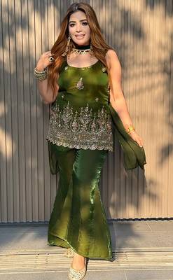 women shimmer silk embroidered kurta palazzo with dupatta set 1