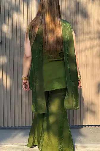 women shimmer silk embroidered kurta palazzo with dupatta set
