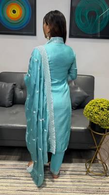 women's vichitra silk embroidered anarkali kurta pant with dupatta set 3