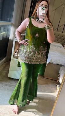 women shimmer silk embroidered kurta palazzo with dupatta set 4