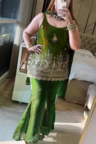 women shimmer silk embroidered kurta palazzo with dupatta set