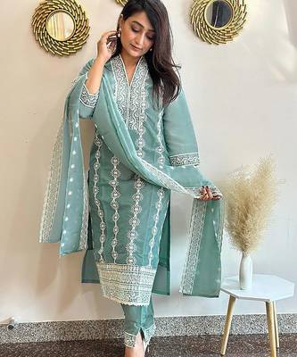 women's vichitra silk embroidered anarkali kurta pant with dupatta set 1