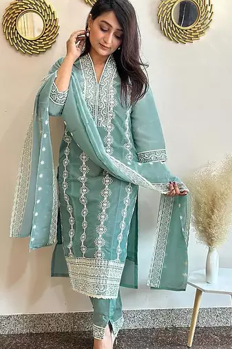 women's vichitra silk embroidered anarkali kurta pant with dupatta set