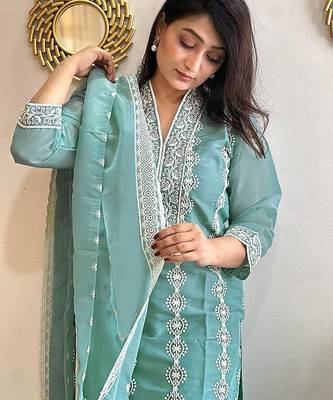 women's vichitra silk embroidered anarkali kurta pant with dupatta set 2