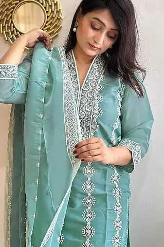 women's vichitra silk embroidered anarkali kurta pant with dupatta set