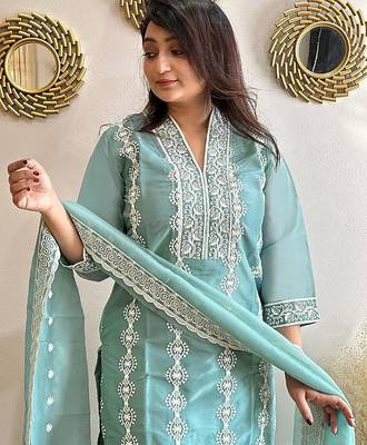 women's vichitra silk embroidered anarkali kurta pant with dupatta set 4