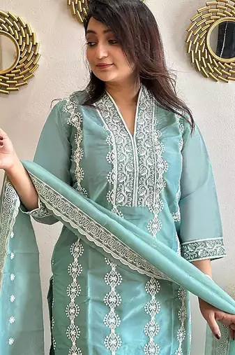 women's vichitra silk embroidered anarkali kurta pant with dupatta set
