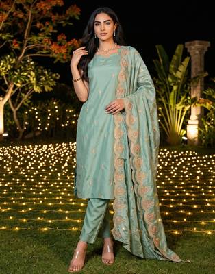 women's cotton blend embroidered kurta pant with dupatta set 1