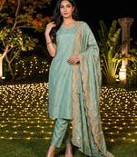 women's cotton blend embroidered kurta pant with dupatta set