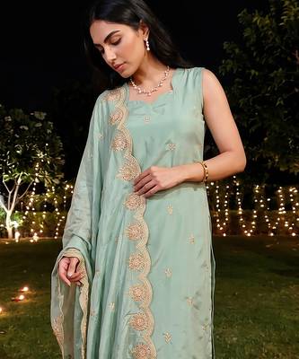 women's cotton blend embroidered kurta pant with dupatta set 5