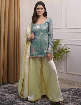 women's shimmer silk embroidered kurta palazzo with dupatta set 1