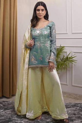 women's shimmer silk embroidered kurta palazzo with dupatta set