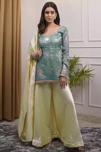 women's shimmer silk embroidered kurta palazzo with dupatta set