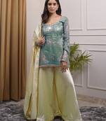 women's shimmer silk embroidered kurta palazzo with dupatta set