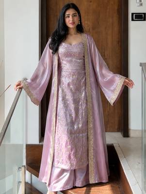 women shimmer silk embroidered kurta palazzo with shrug set 1