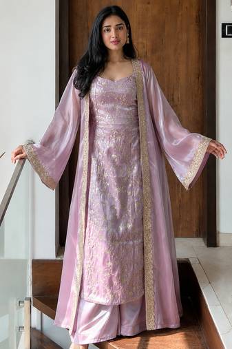 women shimmer silk embroidered kurta palazzo with shrug set