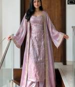 women shimmer silk embroidered kurta palazzo with shrug set