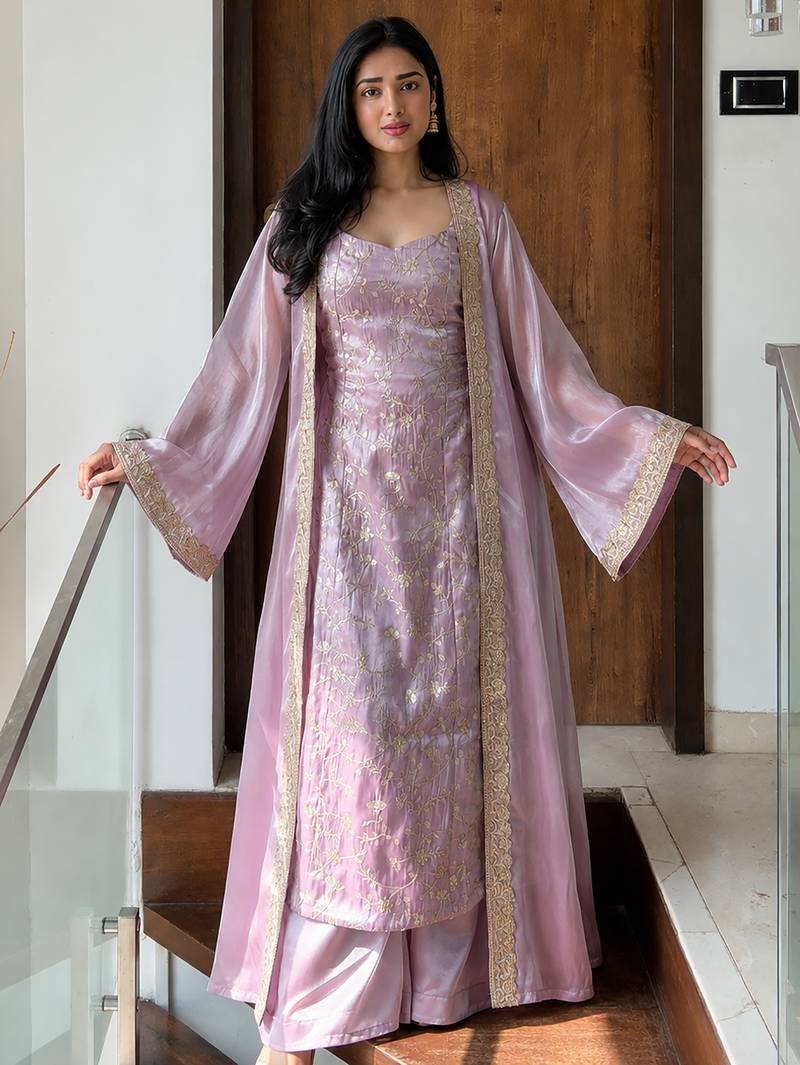 women shimmer silk embroidered kurta palazzo with shrug set