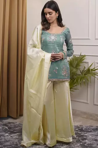 women's shimmer silk embroidered kurta palazzo with dupatta set