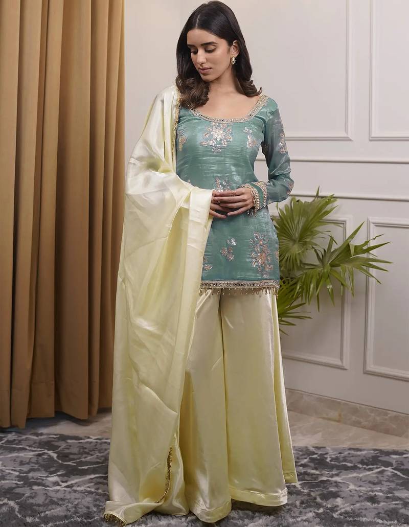 women's shimmer silk embroidered kurta palazzo with dupatta set