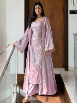 women shimmer silk embroidered kurta palazzo with shrug set 2