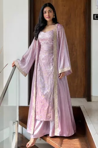 women shimmer silk embroidered kurta palazzo with shrug set