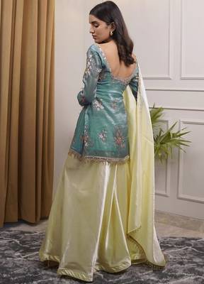 women's shimmer silk embroidered kurta palazzo with dupatta set 3
