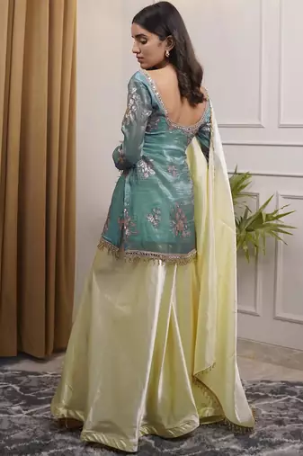 women's shimmer silk embroidered kurta palazzo with dupatta set