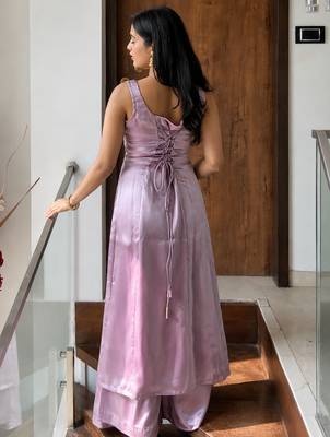 women shimmer silk embroidered kurta palazzo with shrug set 3