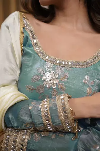 women's shimmer silk embroidered kurta palazzo with dupatta set