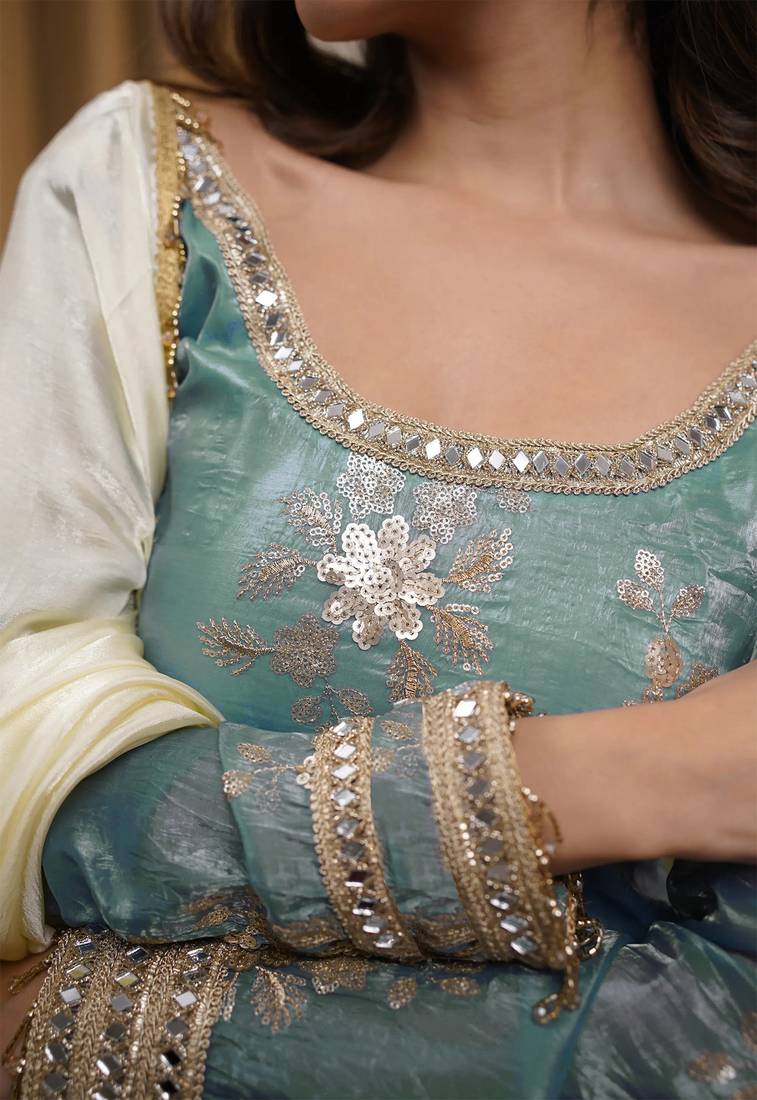 women's shimmer silk embroidered kurta palazzo with dupatta set