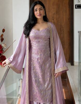 women shimmer silk embroidered kurta palazzo with shrug set 4