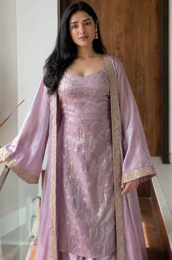 women shimmer silk embroidered kurta palazzo with shrug set