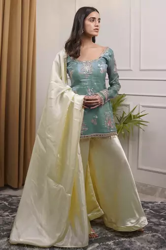 women's shimmer silk embroidered kurta palazzo with dupatta set