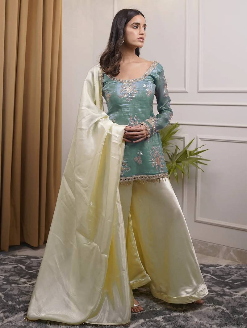 women's shimmer silk embroidered kurta palazzo with dupatta set
